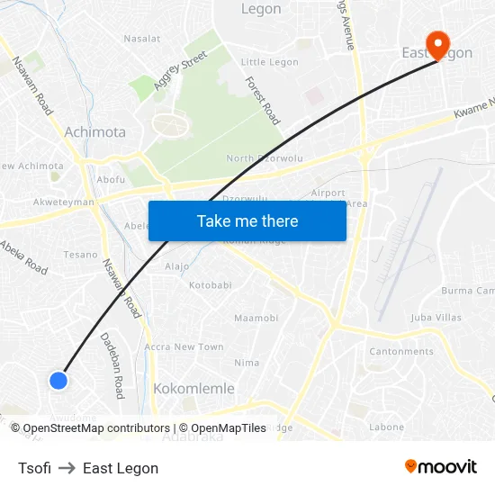 Tsofi to East Legon map