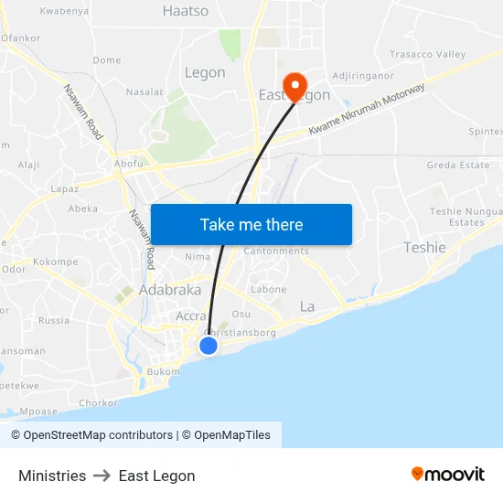 Ministries to East Legon map