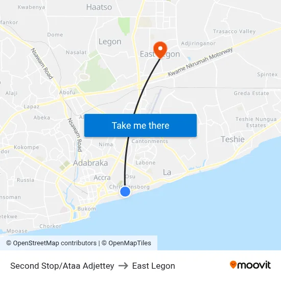 Second Stop/Ataa Adjettey to East Legon map