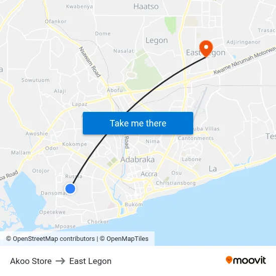 Akoo Store to East Legon map