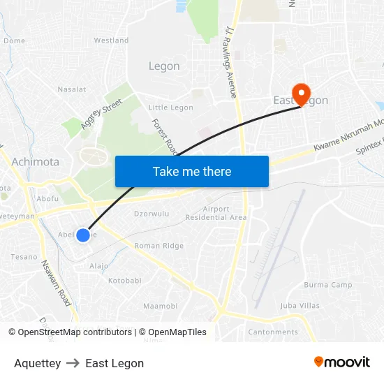 Aquettey to East Legon map