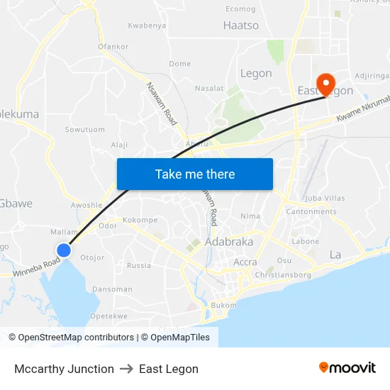 Mccarthy Junction to East Legon map