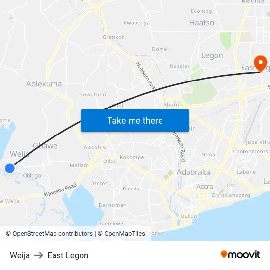 Weija to East Legon map