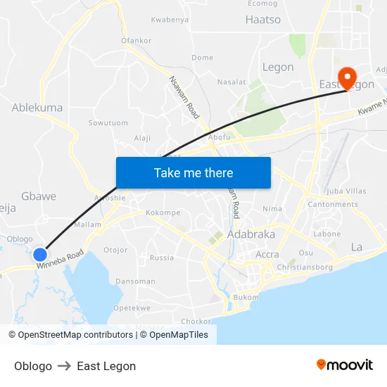 Oblogo to East Legon map