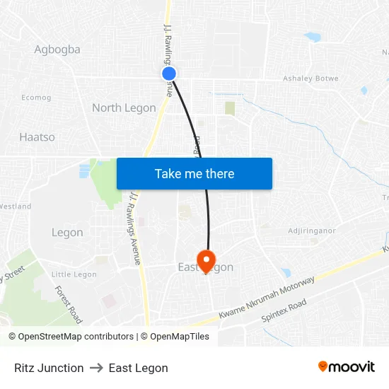 Ritz Junction to East Legon map