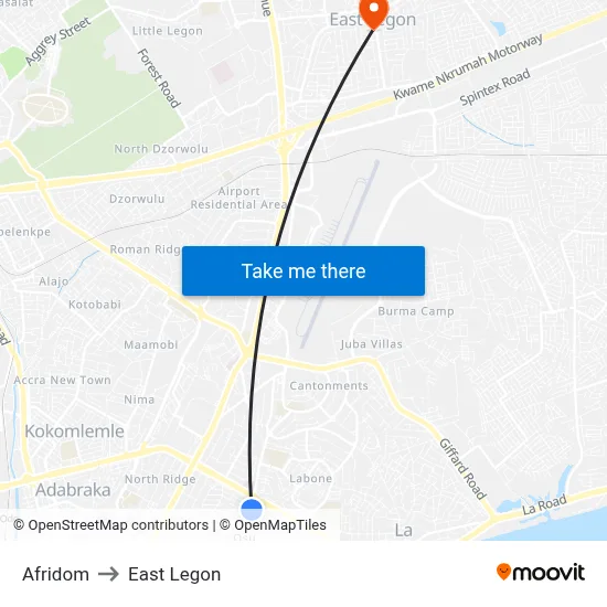 Afridom to East Legon map