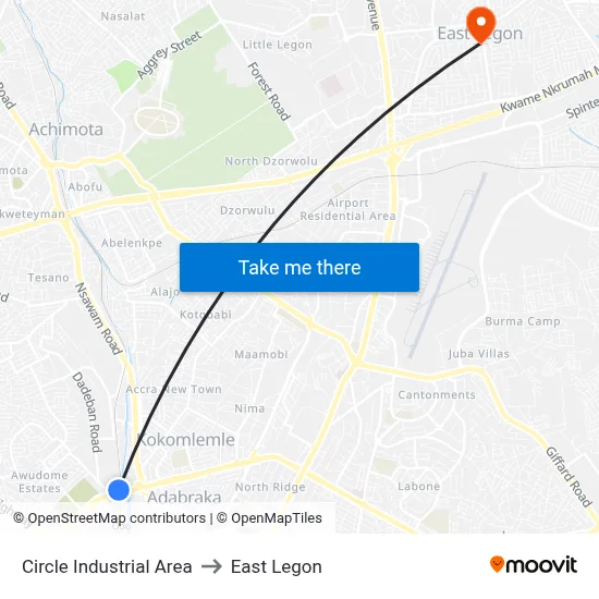 Circle Industrial Area to East Legon map