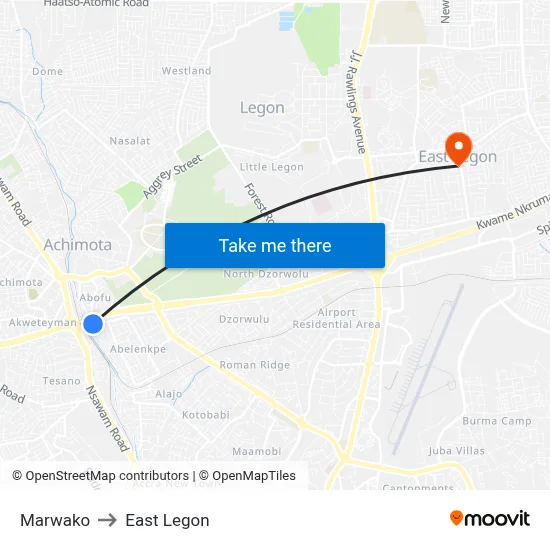 Marwako to East Legon map