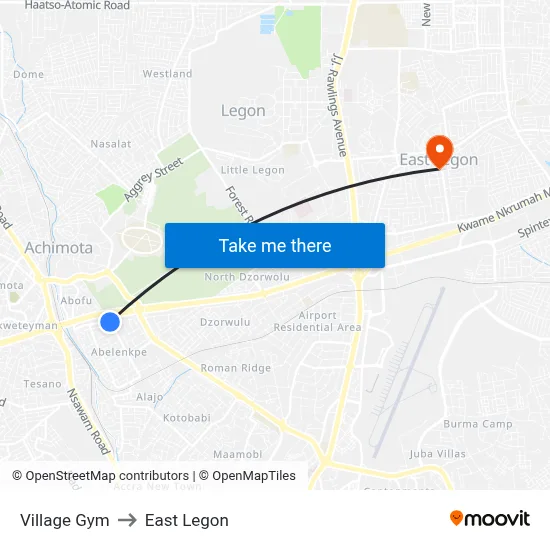 Village Gym to East Legon map