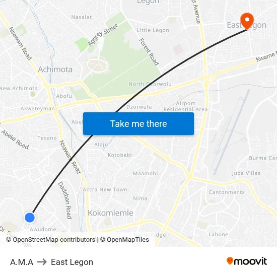 A.M.A to East Legon map