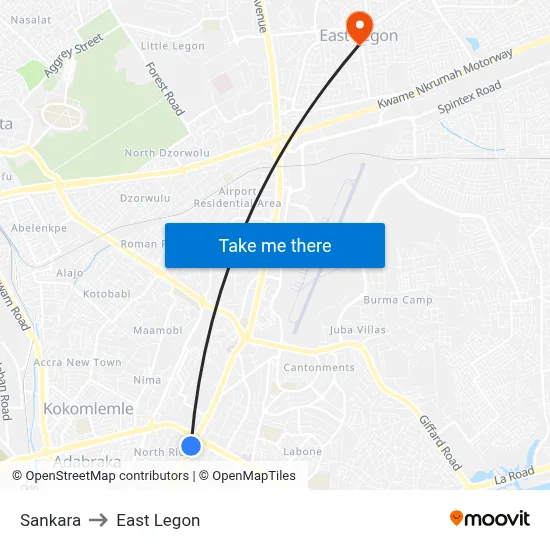 Sankara to East Legon map