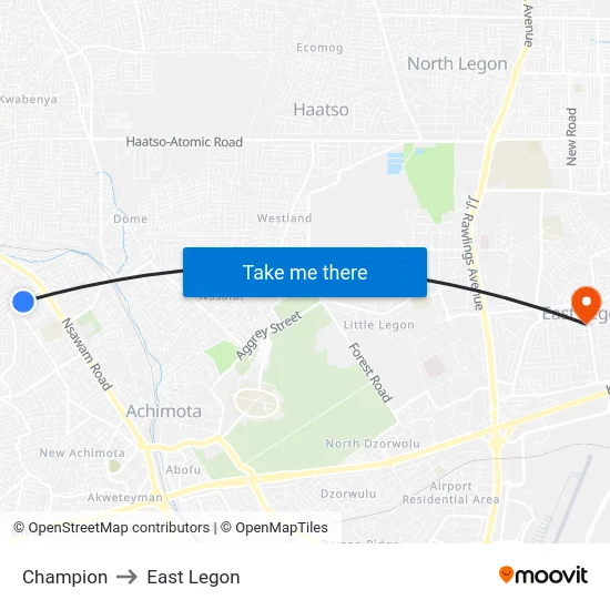 Champion to East Legon map