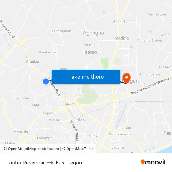 Tantra Reservoir to East Legon map
