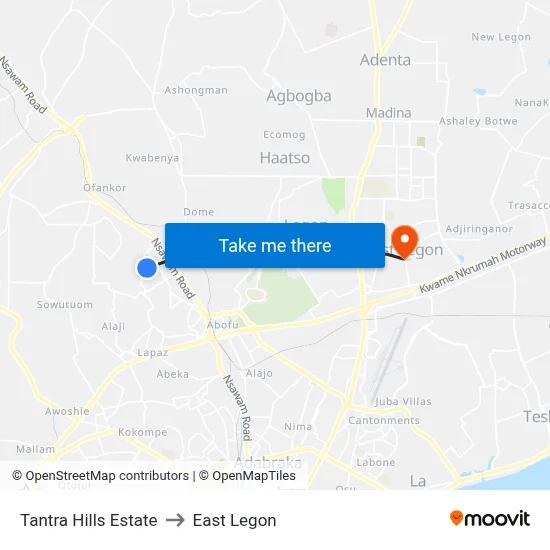 Tantra Hills Estate to East Legon map