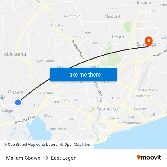 Mallam Gbawe to East Legon map