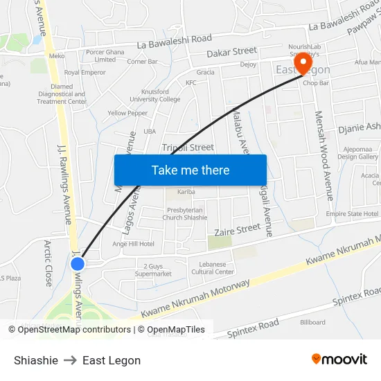 Shiashie to East Legon map