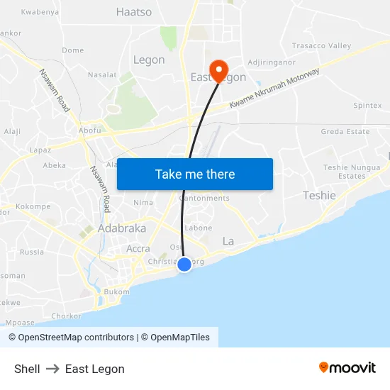 Shell to East Legon map