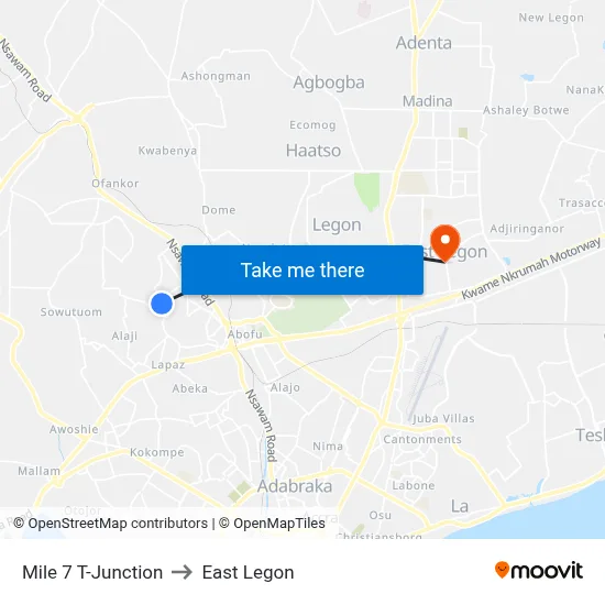 Mile 7 T-Junction to East Legon map