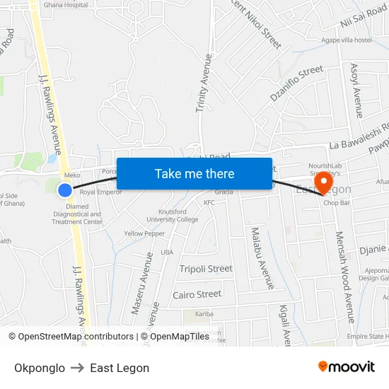 Okponglo to East Legon map
