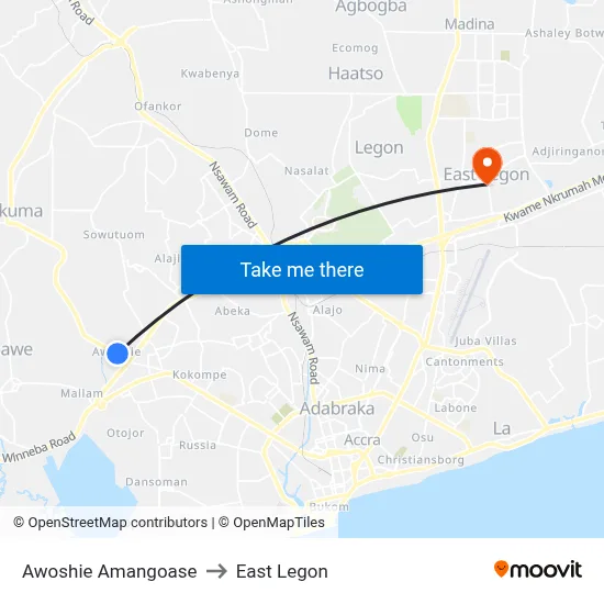 Awoshie Amangoase to East Legon map