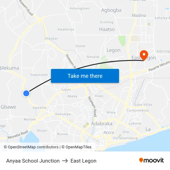 Anyaa School Junction to East Legon map