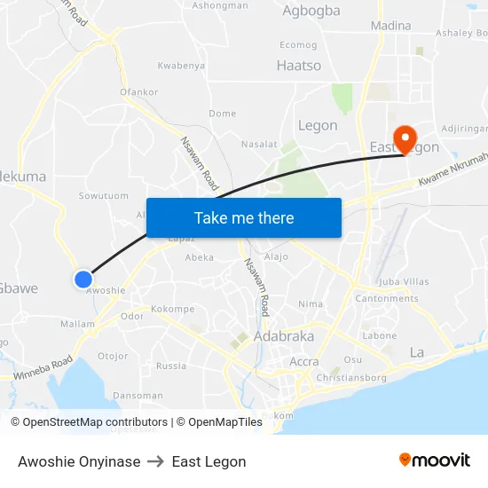 Awoshie Onyinase to East Legon map
