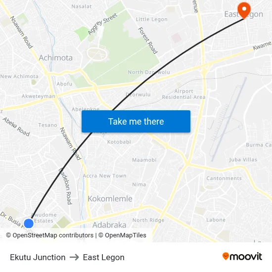 Ekutu Junction to East Legon map