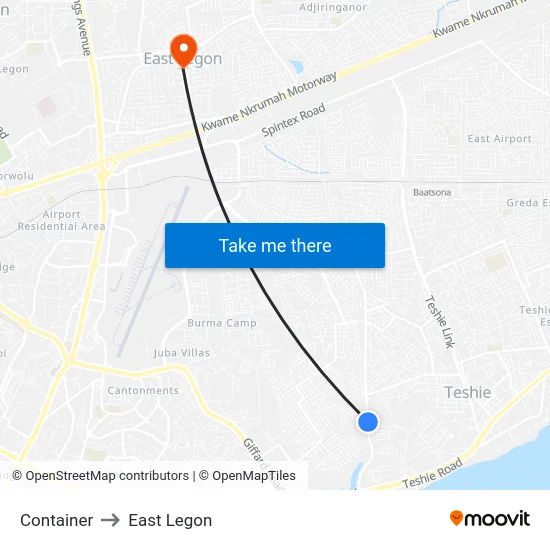 Container to East Legon map