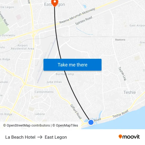 La Beach Hotel to East Legon map