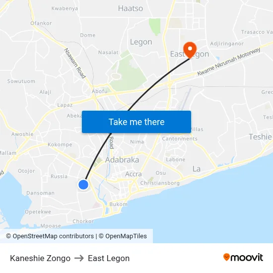 Kaneshie Zongo to East Legon map