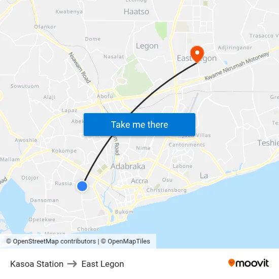 Kasoa Station to East Legon map