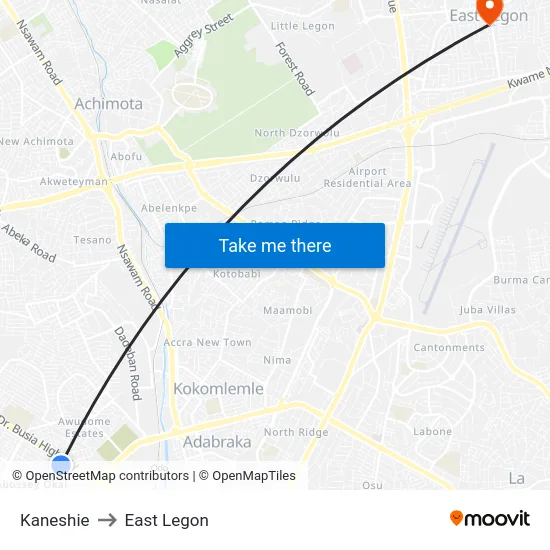 Kaneshie to East Legon map
