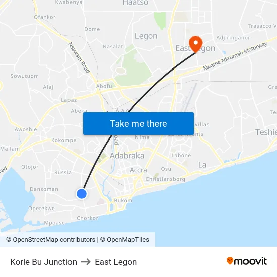 Korle Bu Junction to East Legon map