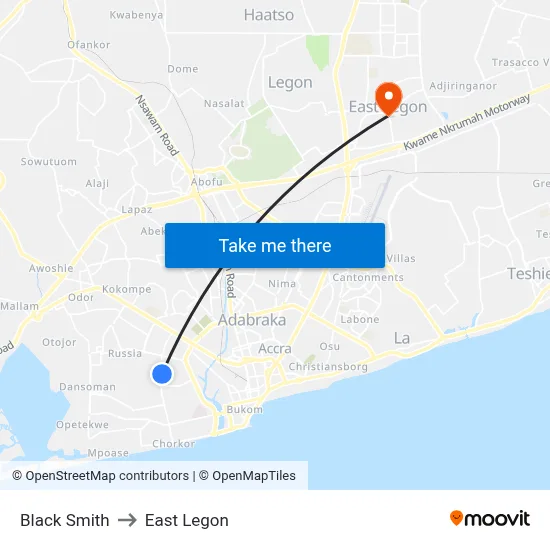 Black Smith to East Legon map