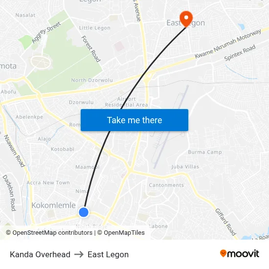 Kanda Overhead to East Legon map