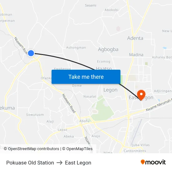 Pokuase Old Station to East Legon map