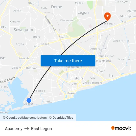 Academy to East Legon map