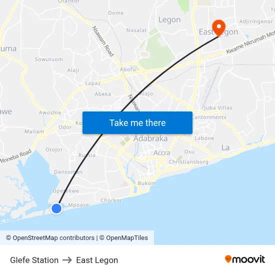Glefe Station to East Legon map
