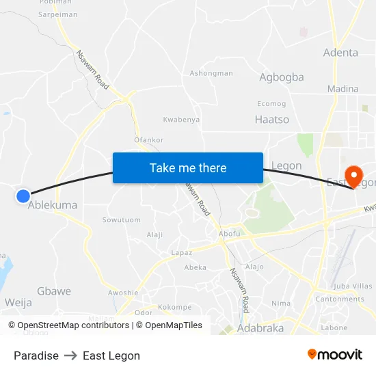 Paradise to East Legon map