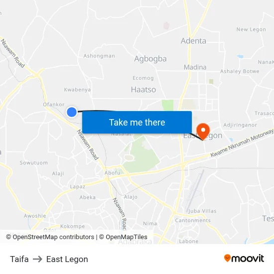 Taifa to East Legon map