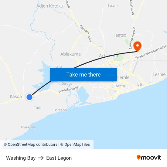 Washing Bay to East Legon map