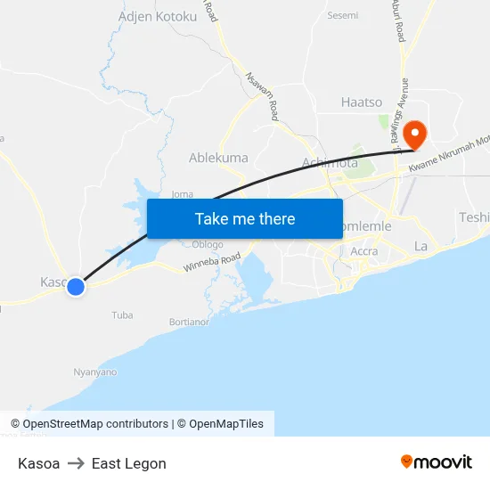 Kasoa to East Legon map