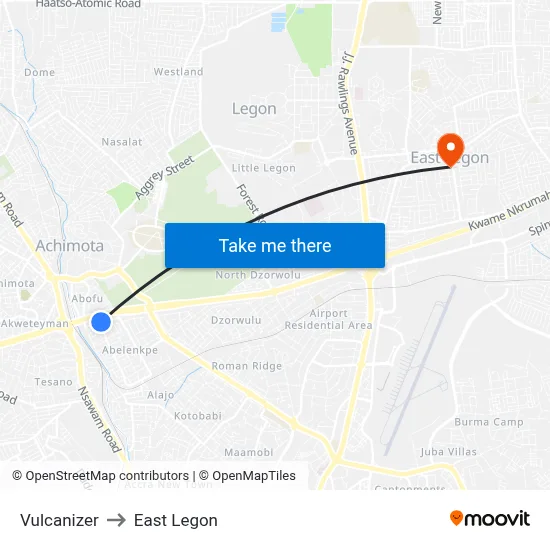 Vulcanizer to East Legon map