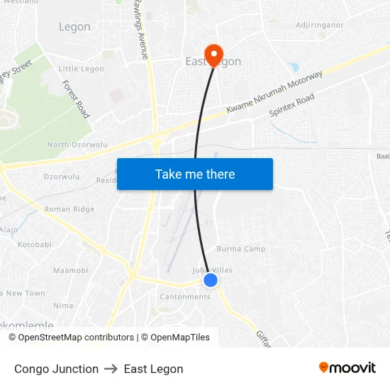 Congo Junction to East Legon map