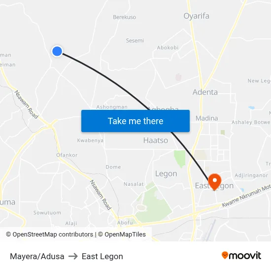 Mayera/Adusa to East Legon map