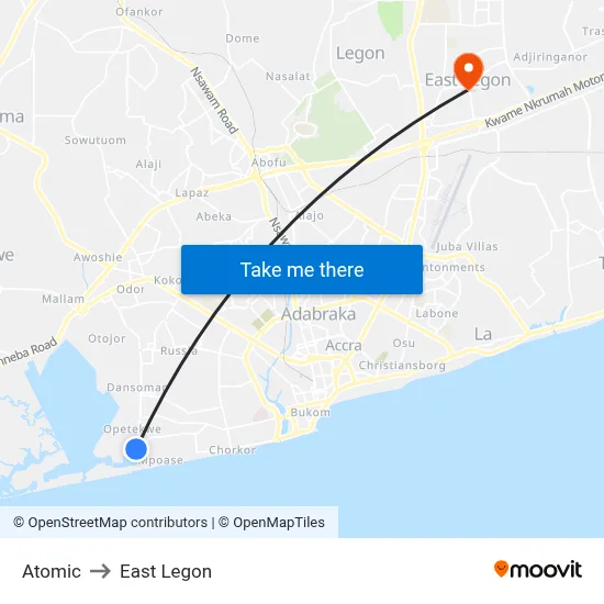 Atomic to East Legon map