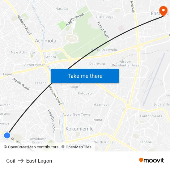 Goil to East Legon map
