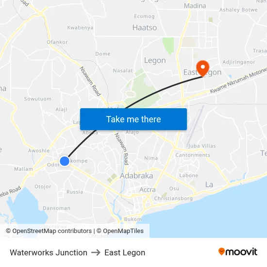 Waterworks Junction to East Legon map