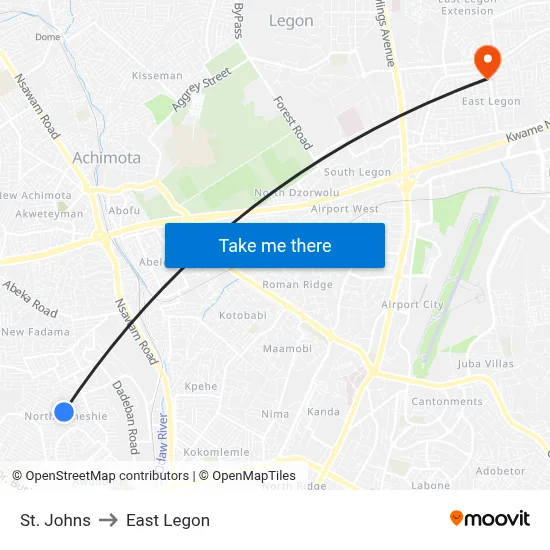 St. Johns to East Legon map
