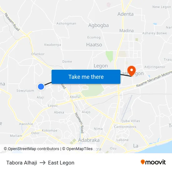 Tabora Alhaji to East Legon map